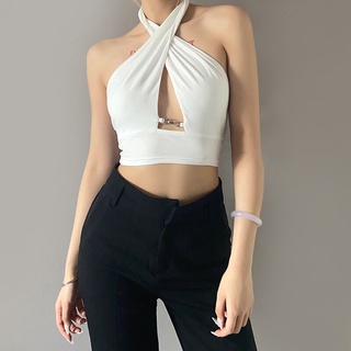 Women Cross Halter Ruched Crop Tank Tops, Solid Color Cut Out Sleeveless Open Back Rave Club Vest Joker