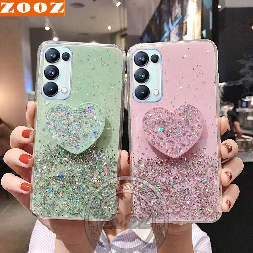 OPPO Reno5 F Reno4 Reno3 Pro (4G) Reno2 F Reno Z 10X Zoom Bling Glitter Star Silicone Case Luxury Foil Powder Soft Cover Crystal Protective Shine Phone Casing for Reno 5 4 3 pro 5F 2F 2 Z 10 X + Heart Stand Popsocket Kickstand