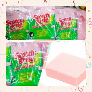 Scotch Brite สก๊อตช์ไบรต์ สก็อตไบรท์ แผ่นใยขัด มีฟองน้ำ ไร้ริ้วรอย สีชมพู ขนาด 3*4 นิ้ว 1 แพค*6 ชิ้น+1