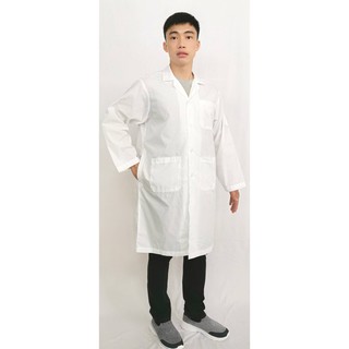 เสื้อกาวน์ คอปกฮาวาย แขนยาว ตัวยาว T/C210 เส้น สีขาว กระเป๋า…