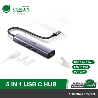 UGREEN รุ่น 20932 อุปกรณ์เชื่อมต่อ USB-C to Lan /USB 3.0 มี 3 Hub พร้อมช่อง  PD รองรับ 100W