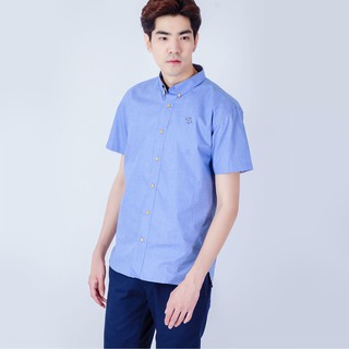 (SIZE S) ISSARA Original เสื้อเชิ้ตชาย แขนสั้น ทรงตรง สีน้ำเงินชิโนริ origami dolphin