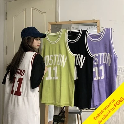เสื้อแขนกุดผู้หญิง oversize วัยรุ่นแฟชั่นสไตล์เกาหลี ปาดไหล่สตรีทกีฬา ฮิปฮอป ใส่ได้ทั้งผู้ชานเเละผู้หญิง