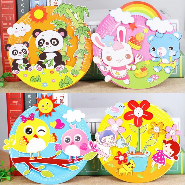 ของเล่นสติ๊กเกอร์สร้างสรรค์แฮนด์เมดจานศิลปะ DIY แผ่นกระดาษสติกเกอร์การ์ตูน Paper plate