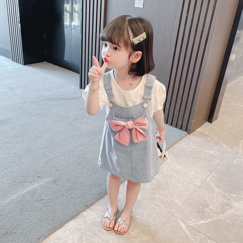 Childrens clothing baby girls 2021 summer new pullover short sleeve Tshirt denim strap skirt