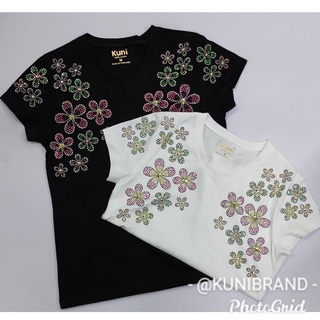 KUNI#K54เสื้อยืดสตรีแต่งเพชร เสื้อยืดสีสัน ลายดอกไม้ by Kunibrand