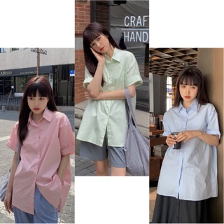 🧁 Cupcake pastel shirt เสื้อเชิ้ตคอปกแขนสั้น เย็บพับปลายแขน มี3สี เขียว ฟ้า ชมพู เนื้อผ้าโพลีเอสเตอร์ผสม 🌈