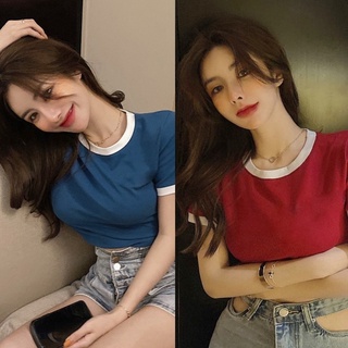 ✅ส่งไว✅สต็อกไทย เสื้อยืดพอดีตัว แต่งกุ้นขอบ 4 สี