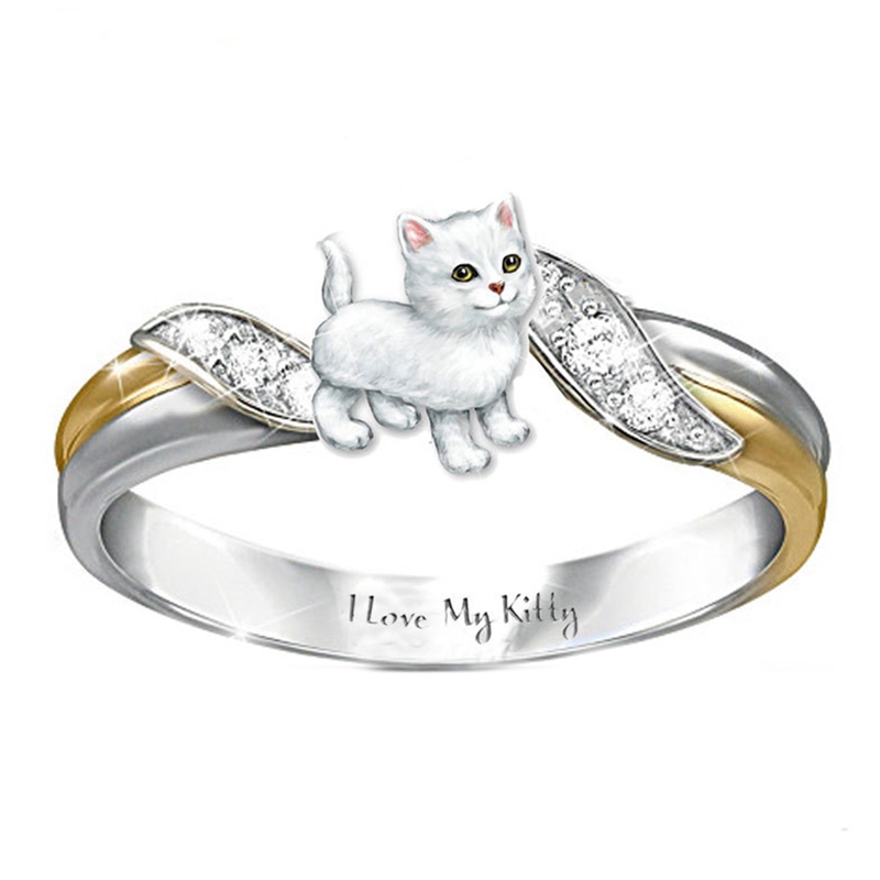 I Love Kitty Silver Romance White Diamond Rings Cute Bear Cat Ring ...