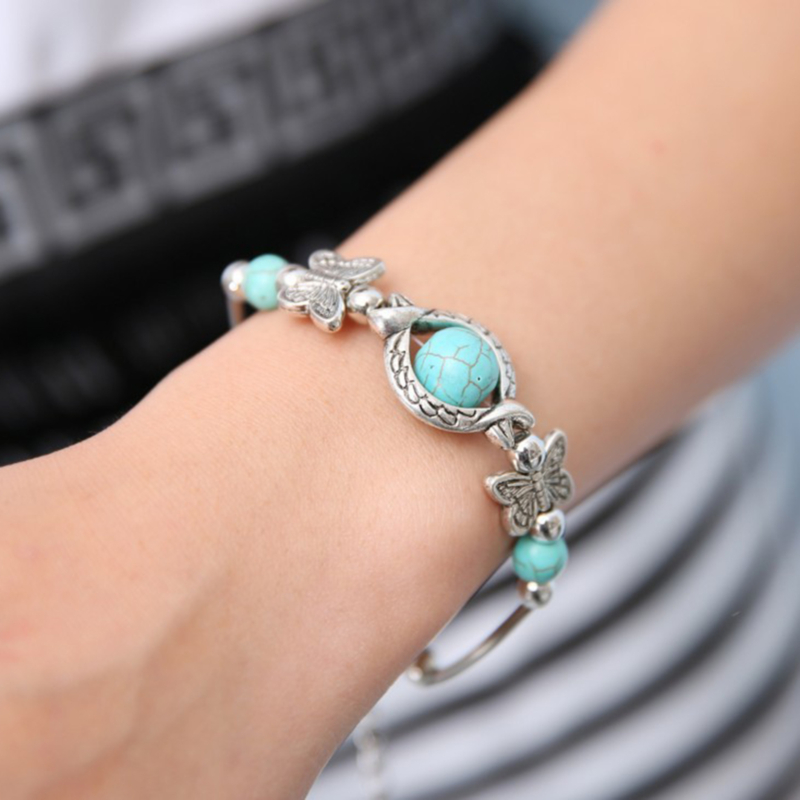 แฟชั่น Turquoise ทิเบตเงินผีเสื้อลูกปัดปรับ Vintage Bracele