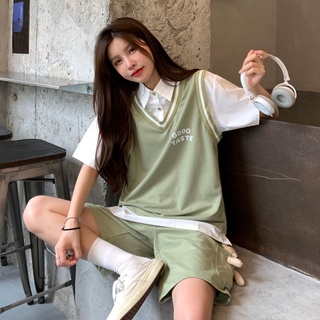 💟พร้อมส่ง💟ชุดกีฬาลำลองเกาหลี เสื้อยืดแขนสั้นทรงหลวมสไตล์เกาหลี + กางเกงขาสั้นเอวยางยืด ชุดกีฬา เสื้อ เสื้อเชิ้ต