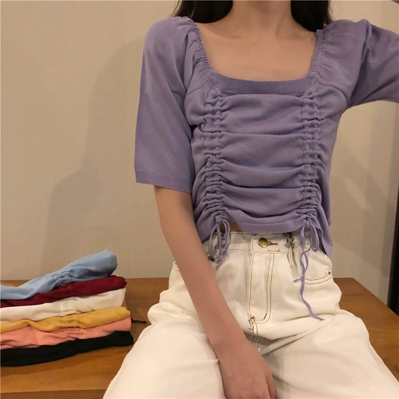 🦋Sun-day🦋 เสื้อไหมพรมคอเหลี่ยมแขนสั้นสายรูดหน้าเอวลอย มี 7 สีให้เลือก CK29