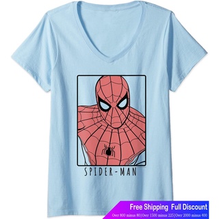 เสือยืดผู้ชาย เสื้อบอดี้โ Womens Marvel Spider-Man Far From Home Ornate Simple Poster V-Neck T-Shirt Avengers Team