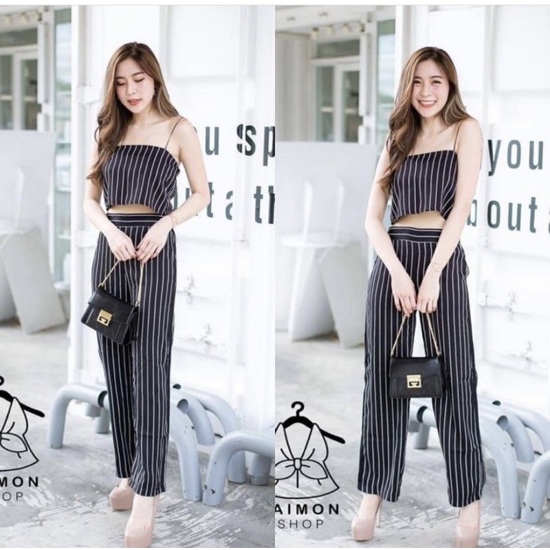 พร้อมส่ง ชุดเซตเกาะอก สายเดี่ยวกางเกงเอวสูงขายาว ถูกที่สุด ได้ทั้งชุด