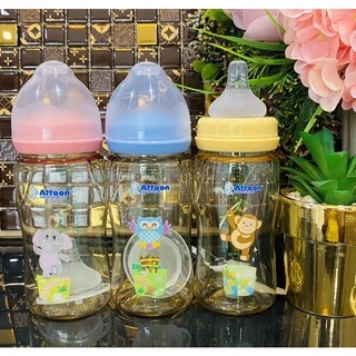 Newขวดนมคอกว้างสีชาATTOON 4zo.8zo.มาพร้อม จุกนมคุมการไหลมาตราฐานด้วยปริมาณรูป้องกันการเกิดโคลิค