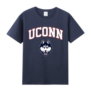 เสื้อยืดสีขาว☼✓สไตล์วิทยาลัย American UConn University of Connecticut ncaa พิมพ์ผ้าฝ้ายแขนสั้นผู้ชายและผู้หญิงเสื้อยืดฤด