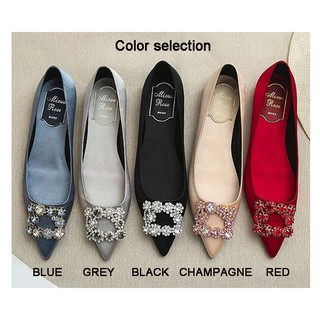 ✨beautysia✨  Sicily Size 35-44 Women Plus Size Flat Shoes Korean Fashion Wild Satin Rhinestone Pointed Flat Shoes Bridesmaid Flat Shoes Wedding Shoes