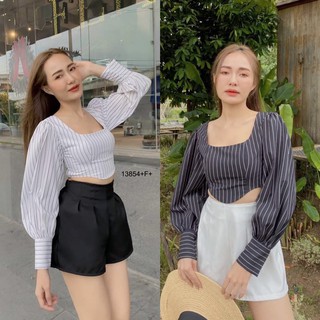 J13854 Set 2 ชิ้น เสื้อคอเหลี่ยม แขนยาว ลายริ้ว + กางเกงขาสั้น