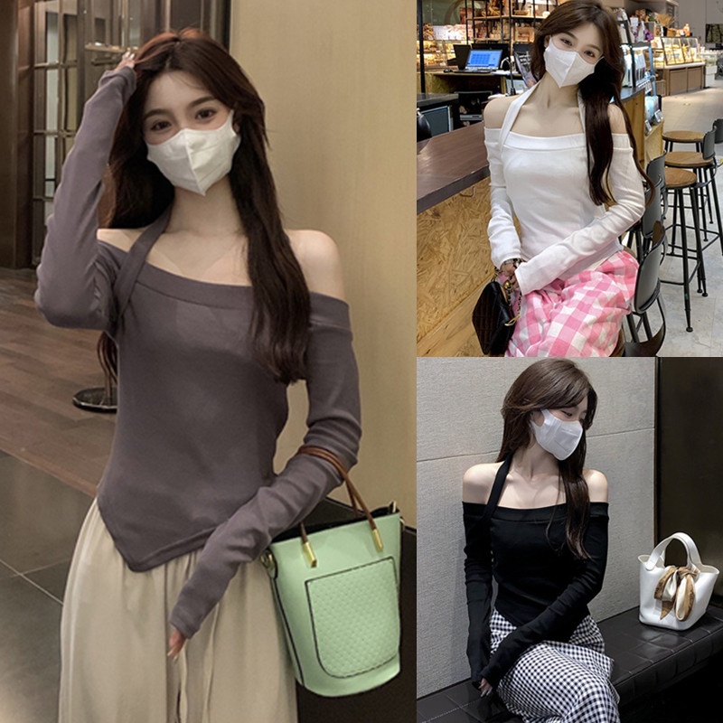 【WJZ】เสื้อยืดแขนยาวเปิดไหล่สีพื้นสไตล์เกาหลีสำหรับผู้หญิง【6869】