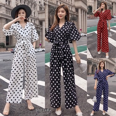 J9123 Jumpsuit จั๊มสูท แขนบอลลูน ขายาว ลายจุด + สายผูกเอว