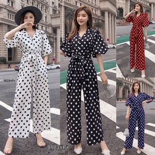 J9123 Jumpsuit จั๊มสูท แขนบอลลูน ขายาว ลายจุด + สายผูกเอว