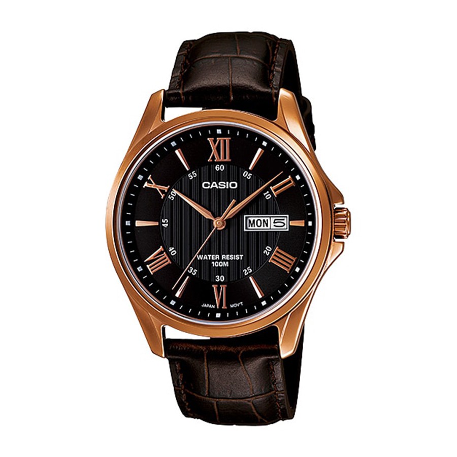 Casio Standard นาฬิกาข้อมือผู้ชาย สายหนัง รุ่น MTP-1384,MTP-1384L,MTP-1384L-1A - ตัวเรือนสีโรสโกลด์ สายสีน้ำตาล