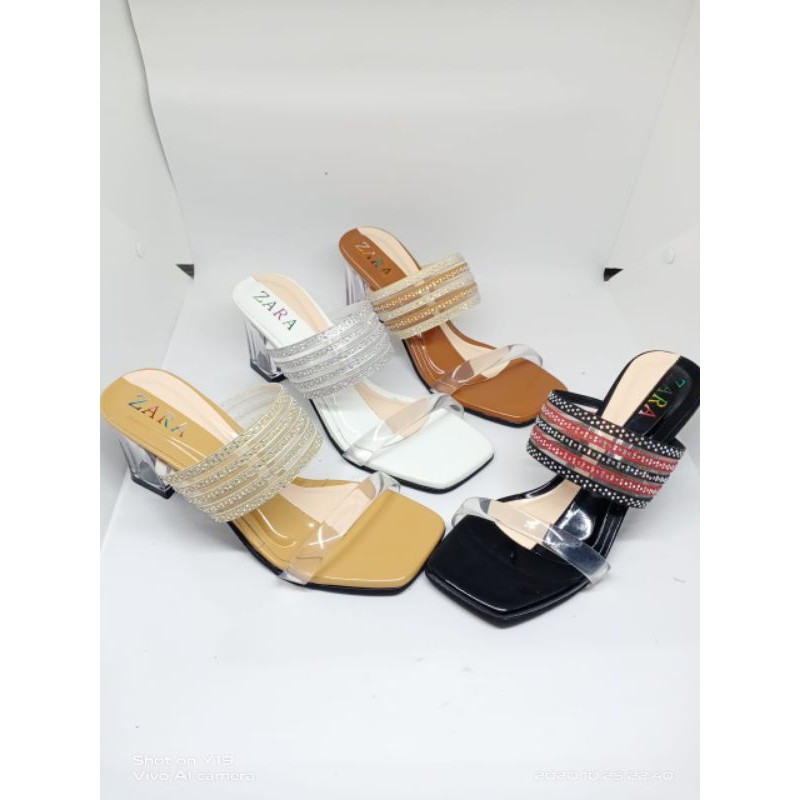 [ W02 ] - ใหม่ผู้หญิง& 39;S SANDALS PARTY BLOCK HEELS GLASS RIGHTS 7 ซม. JELLY STRAP RUBBER PEARL