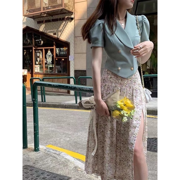 Cicishop(SALE/สุ่มสี 2178/2176)เสื้อครอป/เดรสทรงเบลเซอร์ ดีเทลแขนตุ๊กตาแต่งกระดุมทอง สไตล์โคเรีย