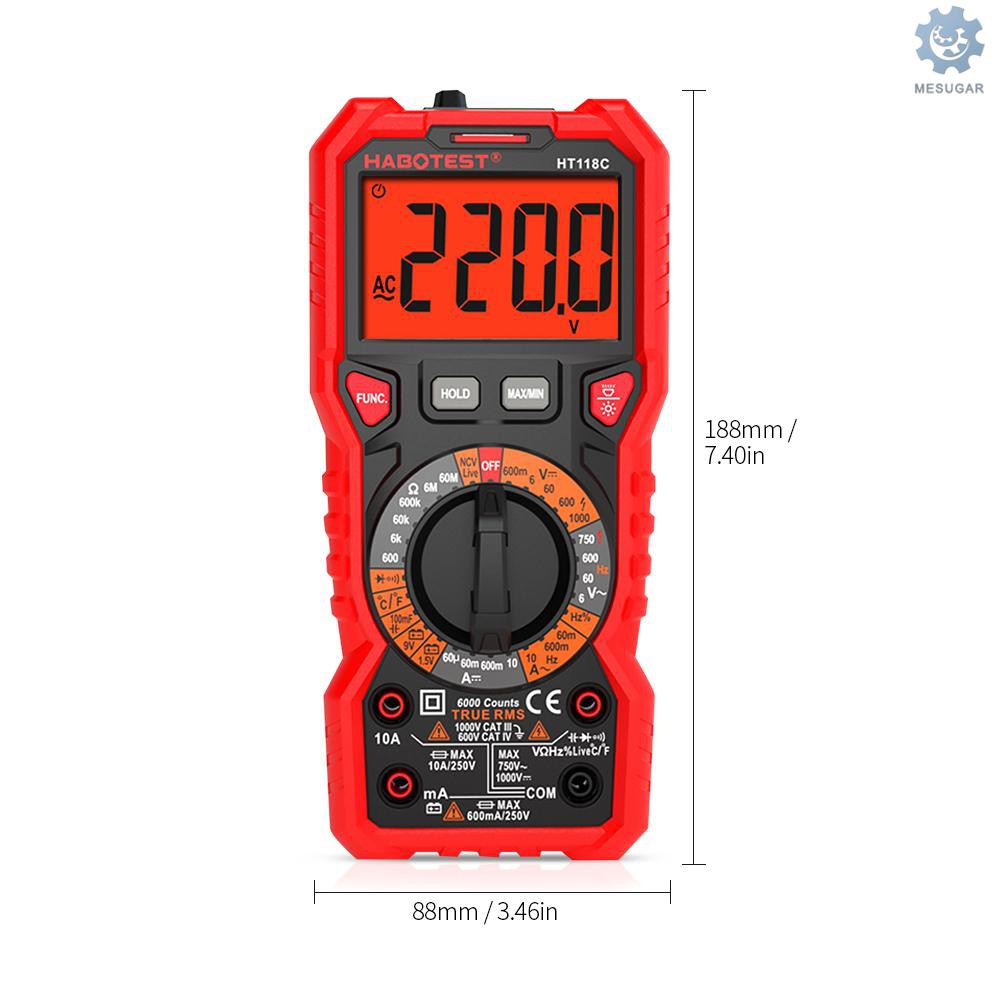 M^S Ready Stock HABOTEST HT118C Digital Multimeter Manual Range Multi-meter 6000 Counts True RMS Measuring AC/DC Voltage Current Resistance Capacitance Frequency Temperature NCV Test Diode Battery Test with LCD Backlight Flashlight