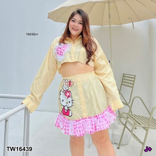 MF16439  #Bigsize New Arrival !!!!! เซทเสื้อครอปแขนยาว แต่งกระเป๋า กับกระโปรงแต่งสก๊อตฟุ้งฟริ้ง สกรีนน่ารักๆ งานผ้าคอตต้