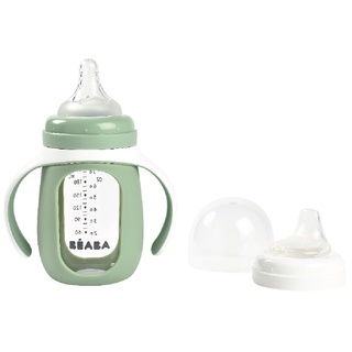 BEABA ถ้วยหัดดื่ม 2 in 1 Glass Learning Bottle 210 ml with Silicone Protective Sleeve 210 ml - Frosty Green