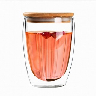 แก้วน้ำ 2 ชั้น พร้อมฝาไม้ไผ่ ขนาด 350 ml. ทนความร้อนสูง
