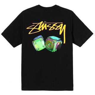 คนดัง STUSSY เสื้อทีเชิ้ตสีรุ้งลายลูกเต๋า,เสื้อยืดแขนสั้นสำหรับผู้ชาย คอกลม