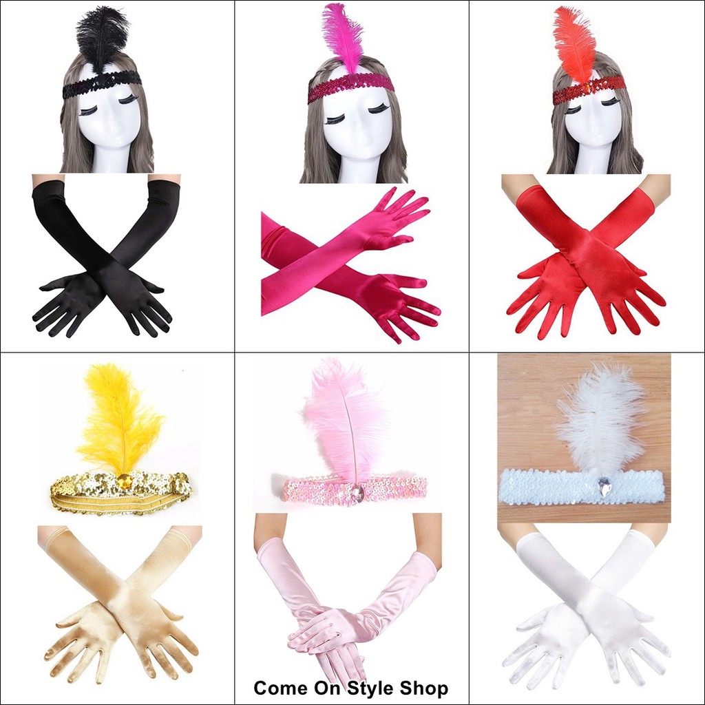 แกสบี้เซท 2 ชิ้น ที่คาดผมติดขนนก+ถุงมือยาว16นิ้ว ออกงาน ปาร์ตี้ สไตล์วินเทจ 2 Pcs Set Gatsby ส่งฟรีท