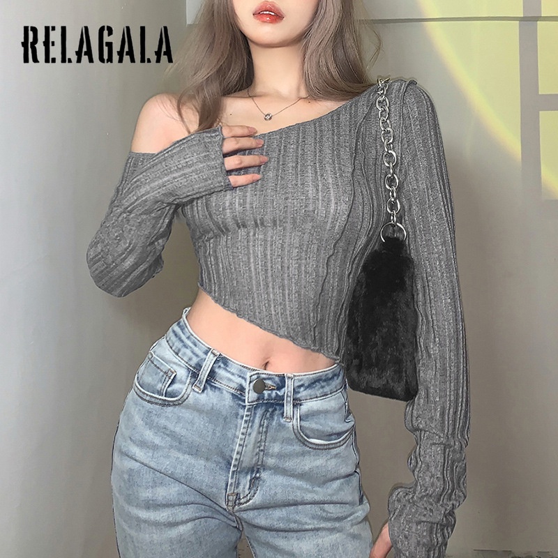 RelaGala ผู้หญิงสีบริสุทธิ์ Slim Navel แฟชั่นไม่สม่ําเสมอไหล่เอียงเสื้อยืดแขนยาว — صورة 6