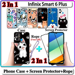 2 IN 1 เคส Infinix Smart 6 Plus เคส พร้อมกระจกนิรภัยโค้ง ป้องกันหน้าจอเซรามิค แมวและโดราเอมอน Serise