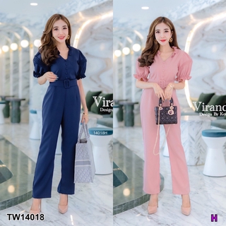 TwinsShopVip💗พร้อมส่ง TW14018 จั๊มสูทยาวแขนพองกระดุมหน้า+เข็มขัด  Long jumpsuit, puff sleeves, front button +