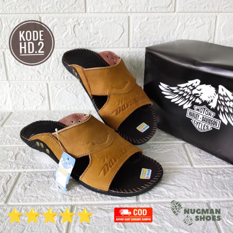 รองเท้าแตะผู้ชาย หนังแท้ ของแท้ 100% คุณภาพ ลําลอง ทันสมัย ล่าสุด Distro Harley Herley Davidson สีดํา Tan สีน้ําตาล
