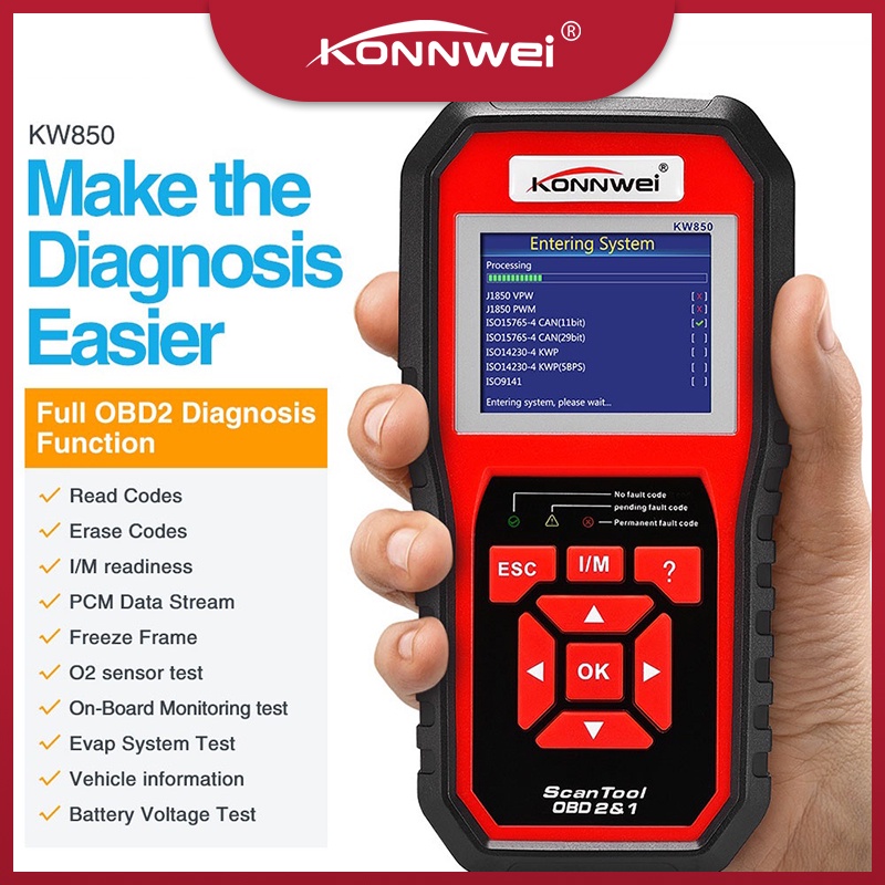 KONNWEI KW850 OBD2 เครื่องสแกนเนอร์ OBDII ฟังก์ชั่นตรวจสอบเครื่องยนต์ เซนเซอร์ O2 ทดสอบแบตเตอรี่ PK 
