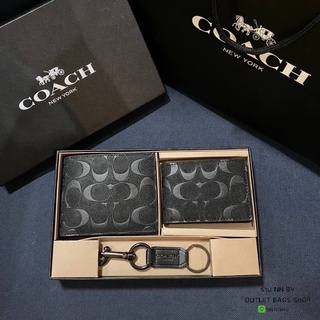 🔥Coach short wallet🔥กระเป๋าตังค์ใบสั้น สำหรับผู้ชาย สีดำ พร้อมพวงกุญแจ (Outlet💯)