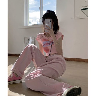 🔥Hot Sale / 22511Pink pants womens all-matched student กางเกงยีนส์ทรงตรงเอวสูงผู้หญิงกางเกงขากว้างทรงหลวมและบาง