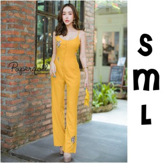 P516#🌾🌾Jumpsuite สีมัสตาสปักลาย จั้มสูทสายเดี่ยวขายาว