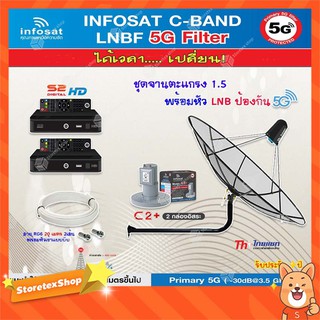 Thaisat C-Band 1.5M (ขางอยึดผนัง 120 cm.) + infosat LNB 2จุด รุ่น C2+ (5G) + PSI S2 HD 2 กล่อง พร้อม สายRG6 20 m.x2