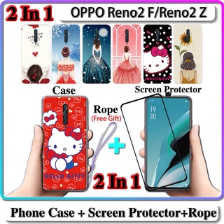 2 IN 1 เคส OPPO Reno2 F Reno2 Z เคส พร้อมกระจกนิรภัยโค้ง ป้องกันหน้าจอเซรามิค สําหรับเด็กผู้หญิง และคิตตี้