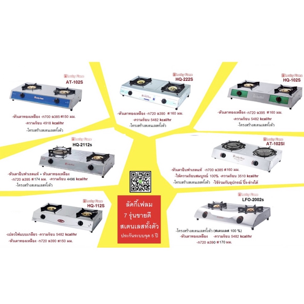 ของแท้ ปริญญาพานิชXลัคกี้เฟลม เตาแก๊สแบบ 2 หัวเตา At-102s Hq-222s Hq-102s Hq-2112s At-102si Hq-112s 