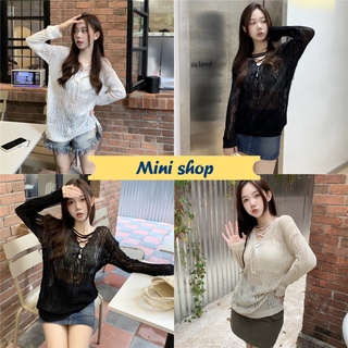 Mini shop🌸พร้อมส่ง🌸(2119-1) เสื้อถักไหมพรมแขนยาว ดีเทลซีทรูเบาๆ เชือกถักเก๋