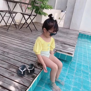 BBB Korean Style Baby Girl Puff Sleeve One-piece Swimwear Kids Bikini Set with Swimming Cap 2pcs Kids Swimsuit Hot Spring Dress