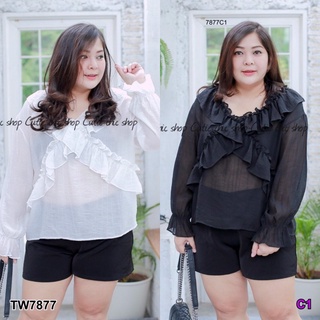 👗Pfashion [ส่งไว!!🚛] P7877 เสื้อแขนยาว #Bigsize แต่งระบายอก  Long sleeve shirt #Bigsize decorated with bust