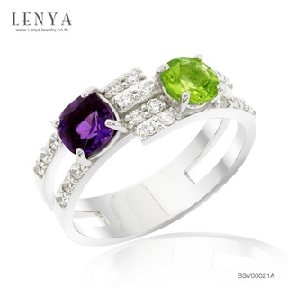 Lenya Jewelry แหวนอเมทิสต์(Amethys) เพอริดอท(Peridot) และคิวบิคเซอร์โคเนีย ตัวเรือนเงินแท้ ชุบทองคำขาว