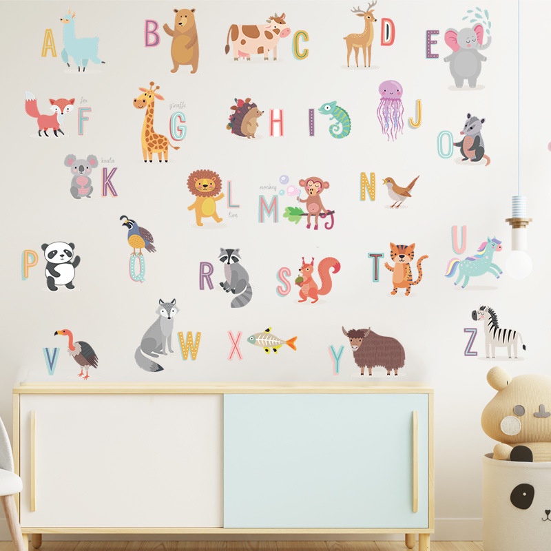 การ์ตูนสัตว์ 26 ตัวอักษรภาษาอังกฤษห้องเด็กก่อนวัยเรียนโรงเรียนอนุบาลตกแต่งผนังบ้านสติ๊กเกอร์ติดผนังมีกาวในตัว